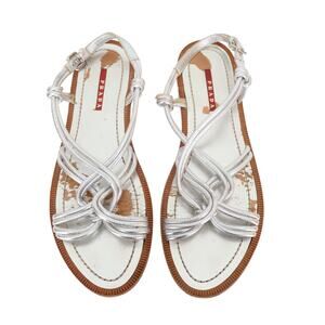 PRADA Metallic Silver Twist Leather Flat Sandals Size 40 1/2